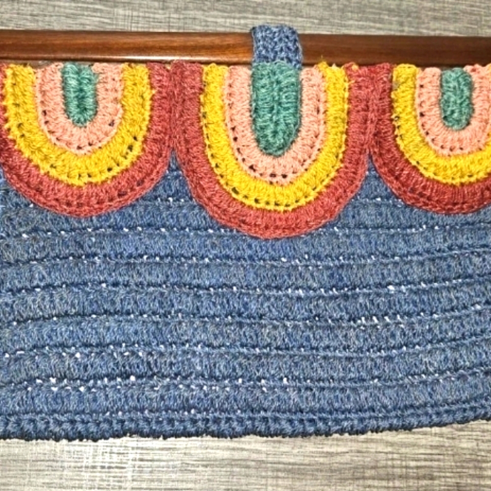 Crochet Clutch Purse With A Wooden Frame And Handle Rainbow Fan Shaped Design